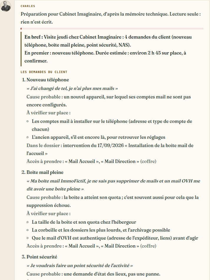 Une préparation de visite rédigée par Charles : en bref, puis les demandes du client avec la cause probable et ce qu’il faut vérifier sur place